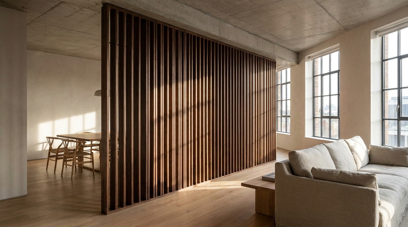 Wood Slat Dividers in Condos and Lofts: Concrete Ceilings, Drop Ceilings and Ductwork